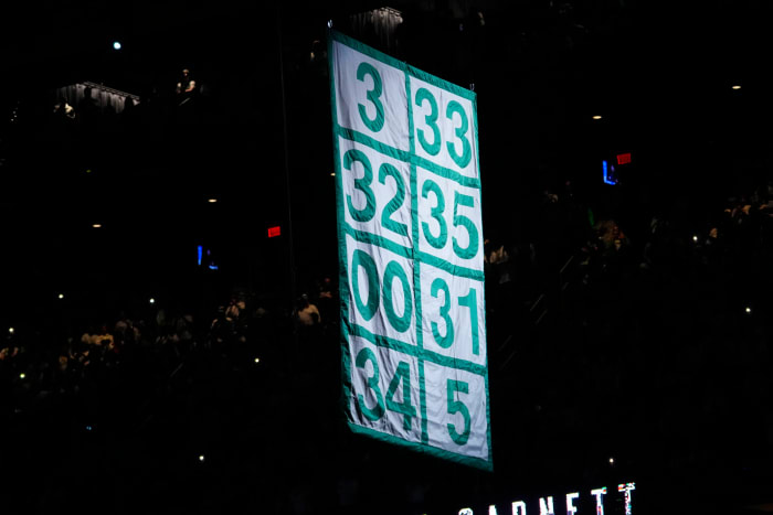Former Boston Celtic and Basketball Hall of Famer, Kevin Garnett's number 5 is raised to the rafters along with the other retired players numbers after the game between the Boston Celtics and Dallas Mavericks at TD Garden.